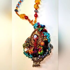 Wendy Gell necklace, Paisley with Swarovski jewels and vintage brooch, beaded .